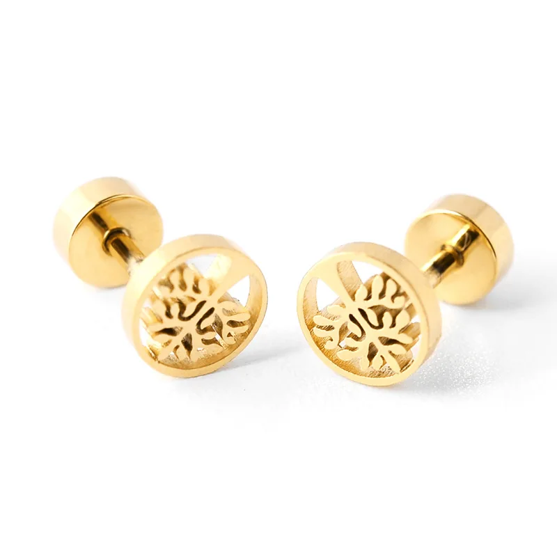 Simple Double Sided Gold Color Stainless Steel Ear Stud Cuff Earrings for Women Men Trendy Hollow Tree of Life Earrings Ears