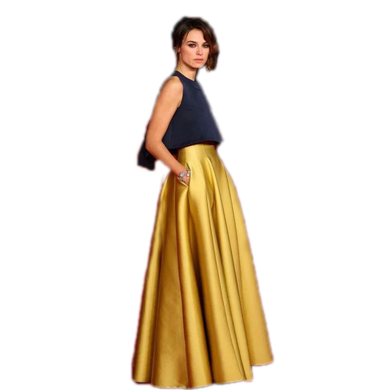 High Quality Gold Skirt A Line Floor Length Long Skirt With Pocket Fashion Satin Skirts Womens Custom Made Saia Longa