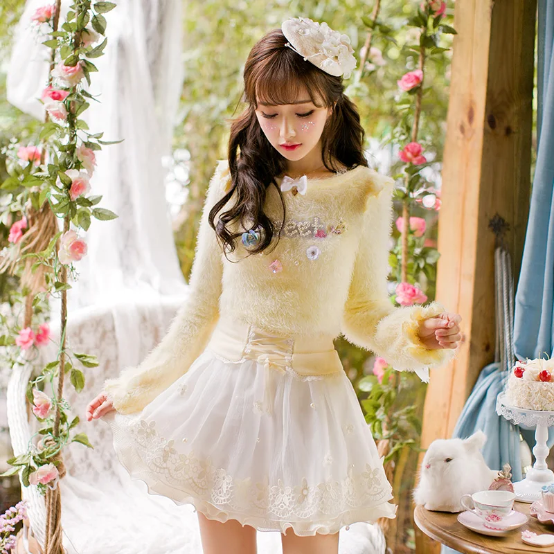 

Princess sweet lolita yellow mohair sweater Candy rain Lovely decoration design Sliml ongsleeve Japanese design C16CD6159