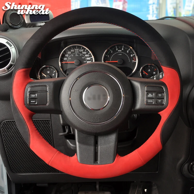 Shining wheat Black Red Suede Car Steering Wheel Cover for Jeep Grand Cherokee 2011-13 Compass Wrangler Patriot 2011-2016