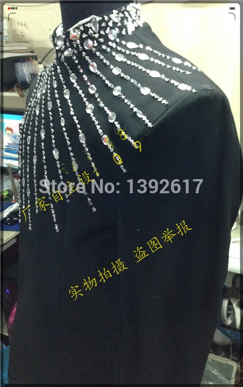 Free ship black mens mandarin collar rhinestone beading handsewing tuxedo jacket /event/stage performance/dance/sing jacket