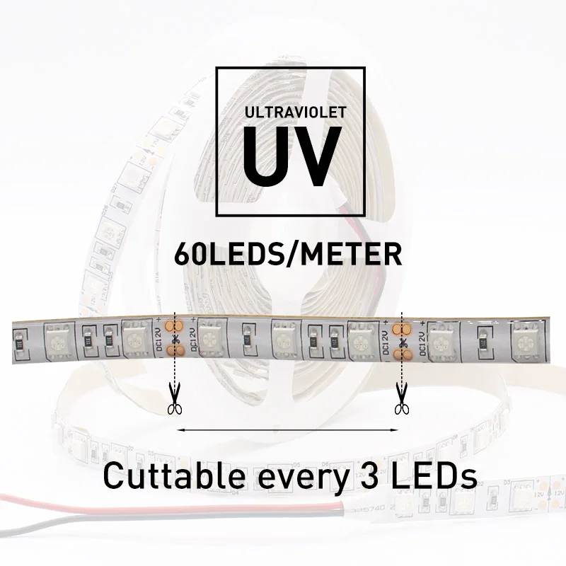 Tira de luces LED UV ultravioleta 5050 SMD, cinta Flexible púrpura impermeable de 0,5-5M, lámpara DC12V 395-405nm para DJ fluorescente