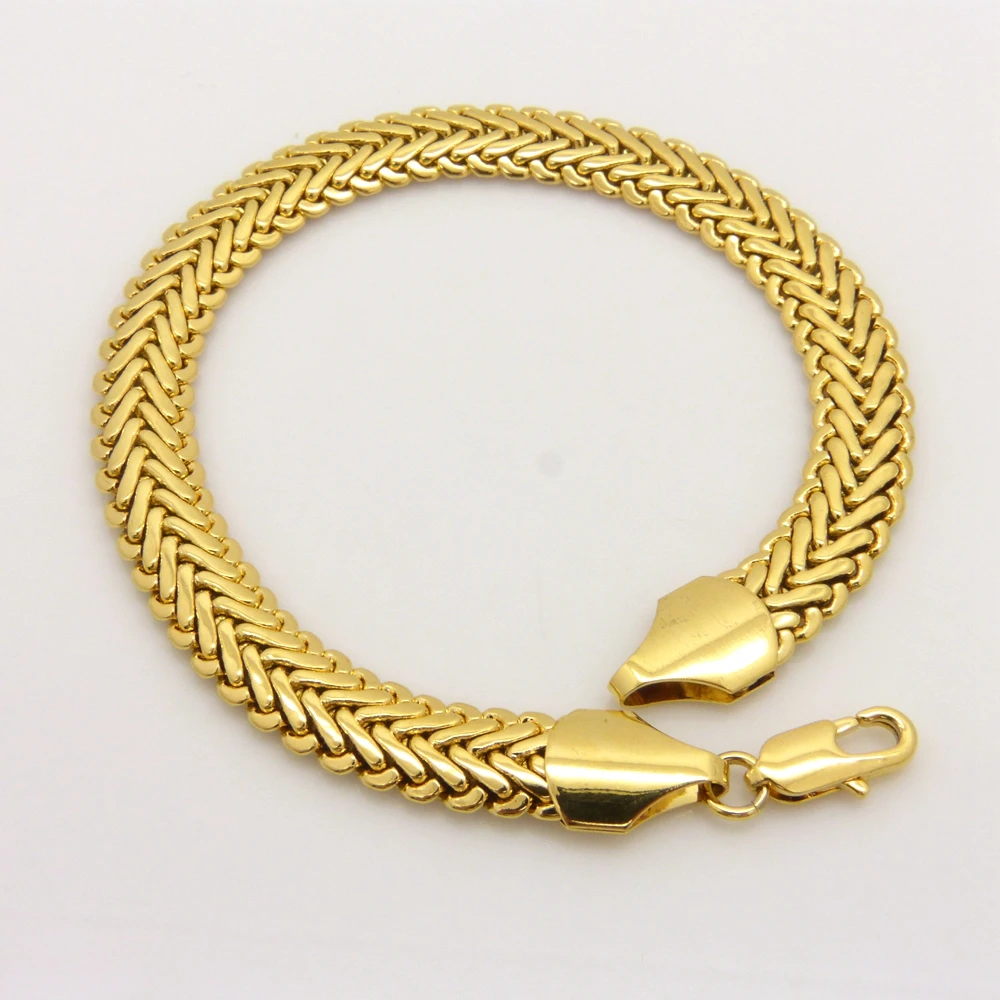 

Herringbone Womens Mens Bracelet Chain 24K Gold Color Real Solid Male Classic Jewelry 22cm Long