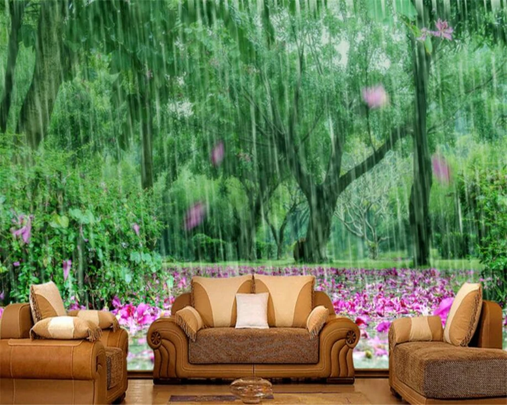 

Beibehang Custom wallpaper murals Nature landscape fresh green shade pink petals TV background walls 3d wallpaper papier peint