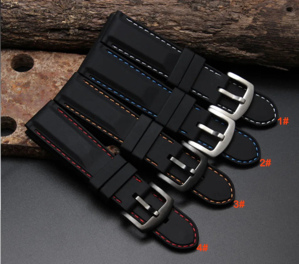 Watch band 18mm 20mm 22mm 24mm Black Silicon Rubber Waterproof Divers Watch Strap Band Red Thread Size Free Shipping watchband