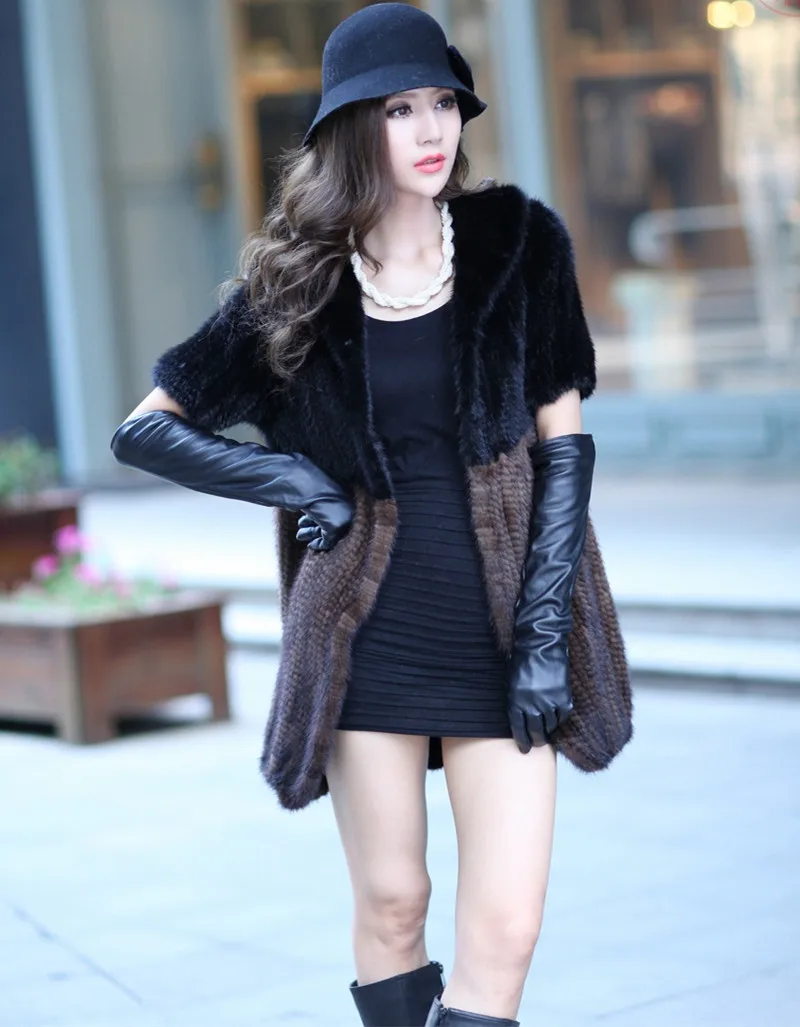 New women coat with genuine mink fur hand knitted warm autumn winter with pocket two-color casual 80cm long fur vest K151