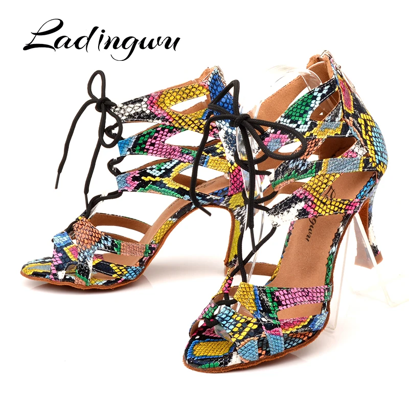 Zapatos de baile de Ladingwu para mujer zapatos de baile latino tendencia serpiente textura Salsa baile zapatos ancho y estrecho Cordón de ajuste