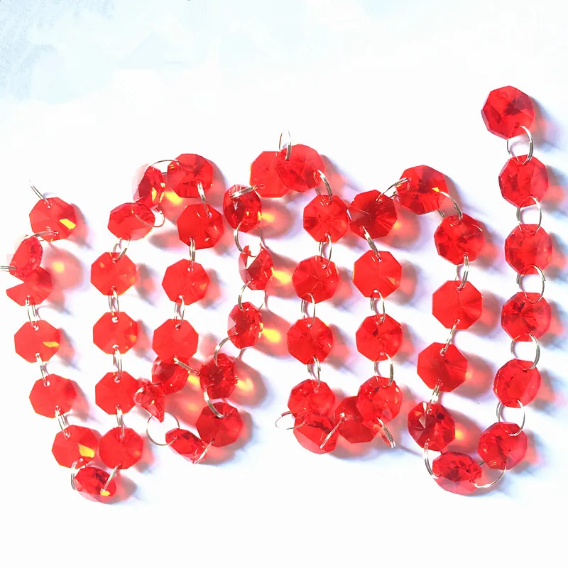 Top Quality 10M/lot 14mm Red Octagon Beads 2 Holes Crystal Glass Garland Strand Beads Chains for Chandelier & Curtain Decoration