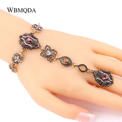 2018 Ethnic Purple Stone Crystal Finger Ring Bracelet Indian Jewelry Antique Gold Bracelets For Women Vintage Accessories