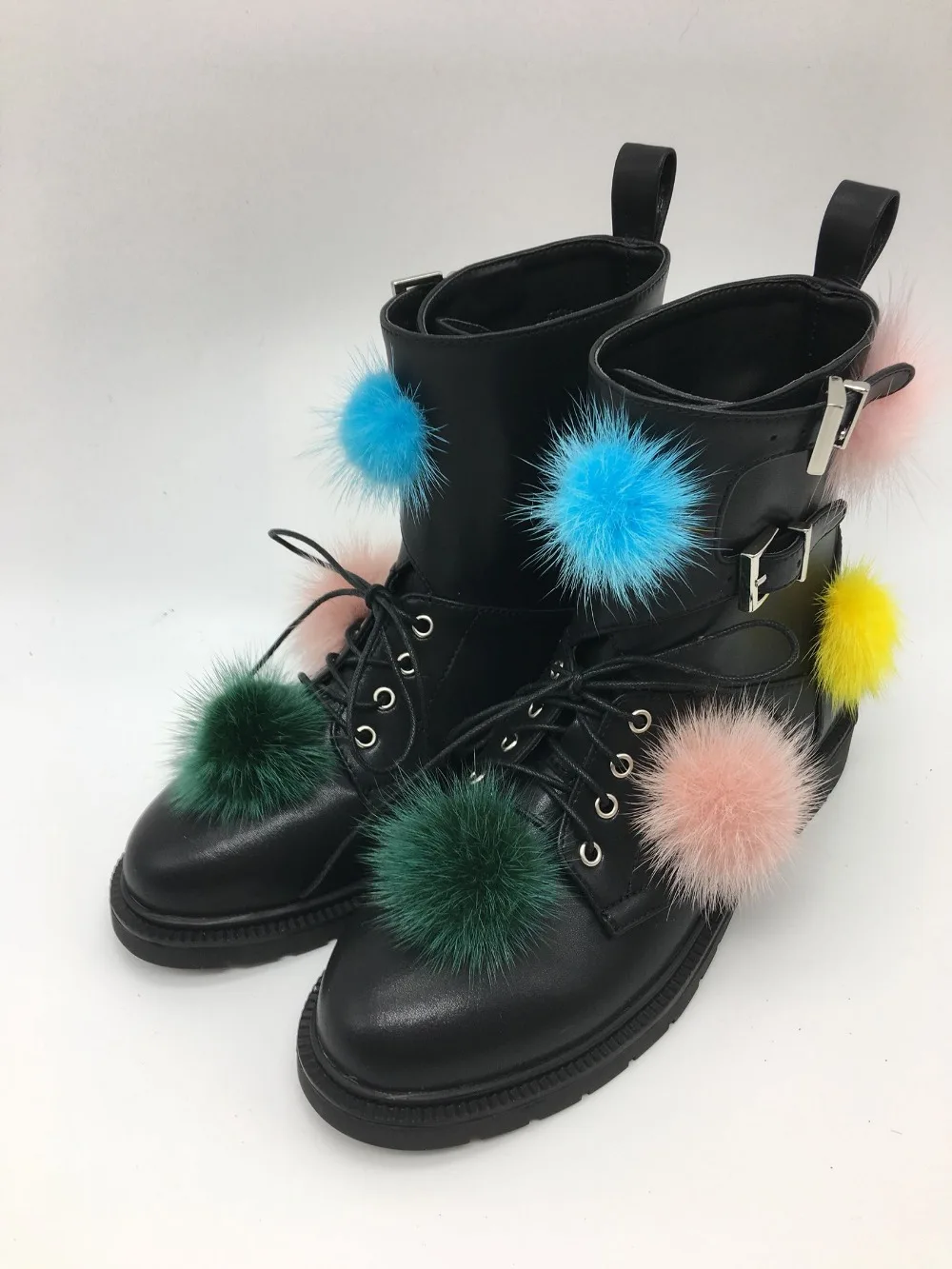 

New Fashion Mixed Colors Pom Pom Women Knight Ankle Boots Leather Buckles Ladies Lace Up Boots Punk Style Boots