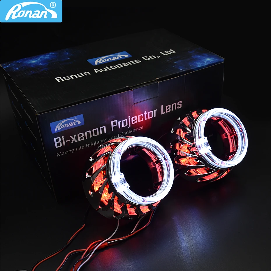 2.5'' spiral double LED Integrated Shrouds White blue red angel Eye Masks DRL for Bi-xenon Bi-led Projector Lens Shrouds