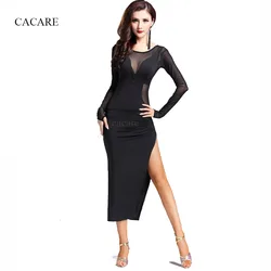 CACARE Latina Latin Dance Dress Women Salsa Dress Tango SALE Black D0375 with Underwear Split Hem Sexy Mesh Top Long Sleeve