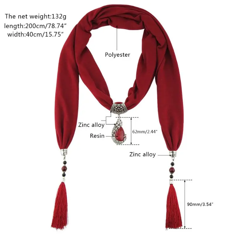 Women Vintage Solid Color Ethnic Style Scarf Water Drop Peacock Bead Pendant Rhinestone Jewelry Shawl Necklace With Long Tassels