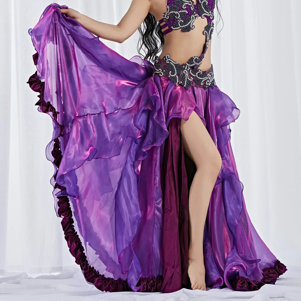 2019 Women Dance Clothes Accessories Long Maxi Full Circle Skirts Organza Side Split Satin Belly Dance Skirt (without belt)