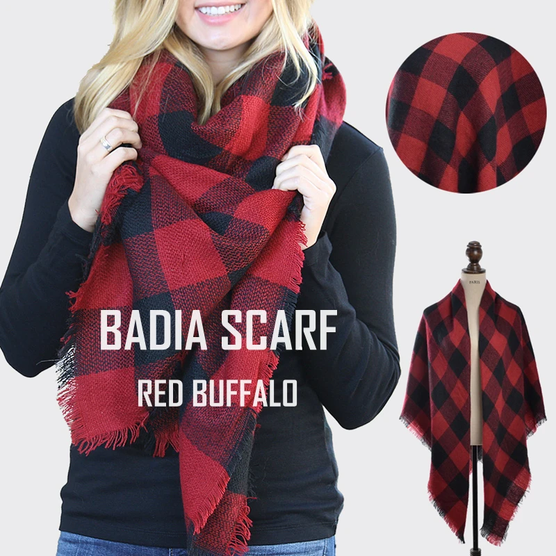 Winter Women Hot Chic Knit Buffalo Plaid Scarf Oversize Warm Acrylic Check Red And Black Blanket Cape Shawl