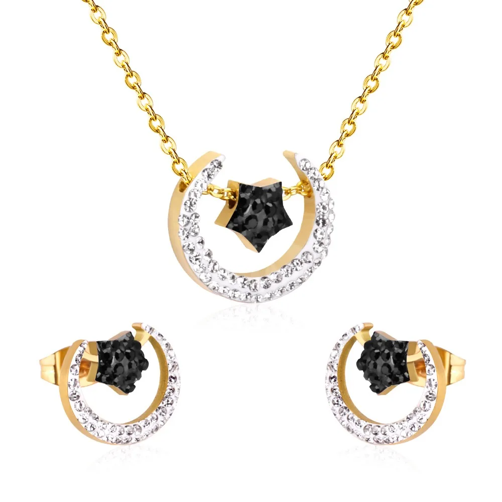 LUXUSTEEL Crystal Jewelry Sets Stainless Steel Golden Color Moon and Satr Pendant Necklace Stud Earring Jewelry Bijoux