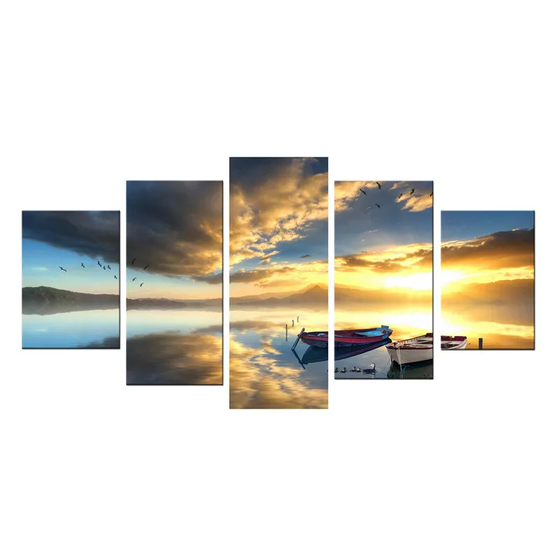 YRHCD Unframed Spray Canvas Painting 5 Panels Sunset in Lake Wall Posters for Living room Hotel Decoration Home Wall ornament