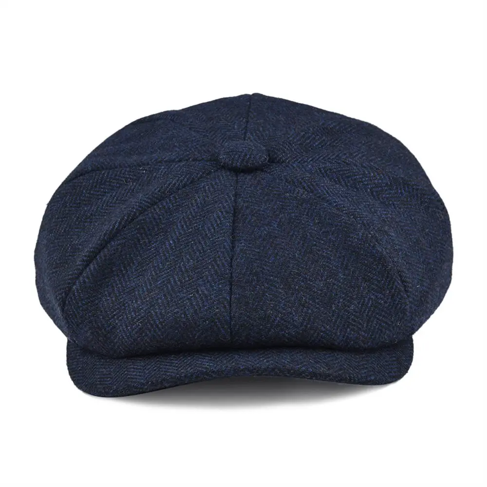 BOTVELA Wool Tweed Navy Blue Herringbone Newsboy Cap Men 8-Quarter Panel Cabbie Flat Caps Women Driver Beret Hat