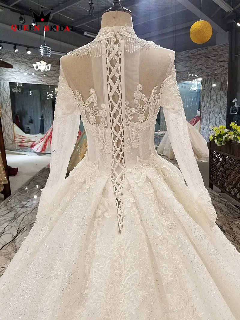 Custom Made 2021 Ball Gown High Neck Bride Dress Beaded Luxury Lace Wedding Dresses QUEEN BRIDAL robe de mariee WD128