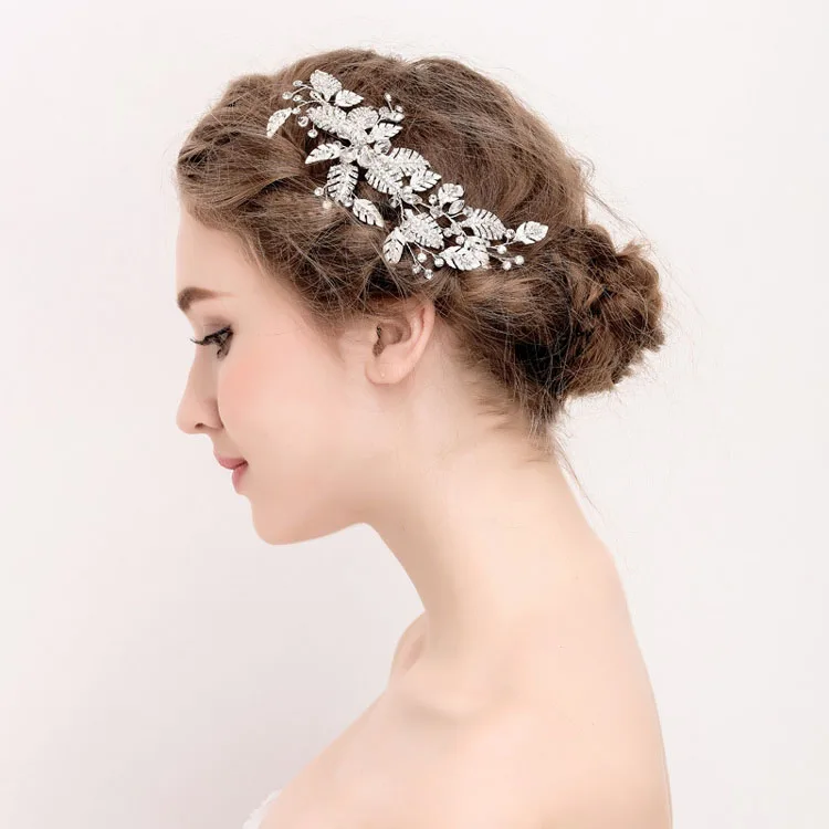 SLBRIDAL Handmade Silver Color Rhinestone Crystal Flower Wedding Hair Clip Barrette Bridal Headpiece Hair comb accessories Women