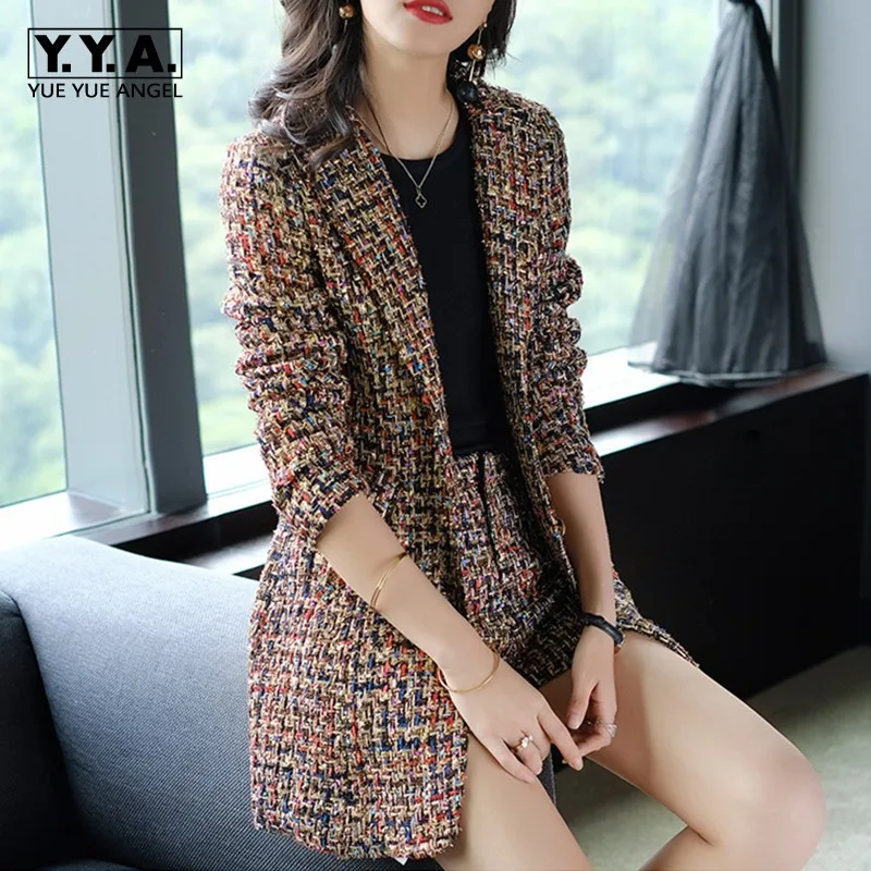 

New Elegant Women Tweed Jacket Suits Spliced Twill Long Plaid Blazer Coat Shorts Outfits OL Office Work Formal Suit Sets