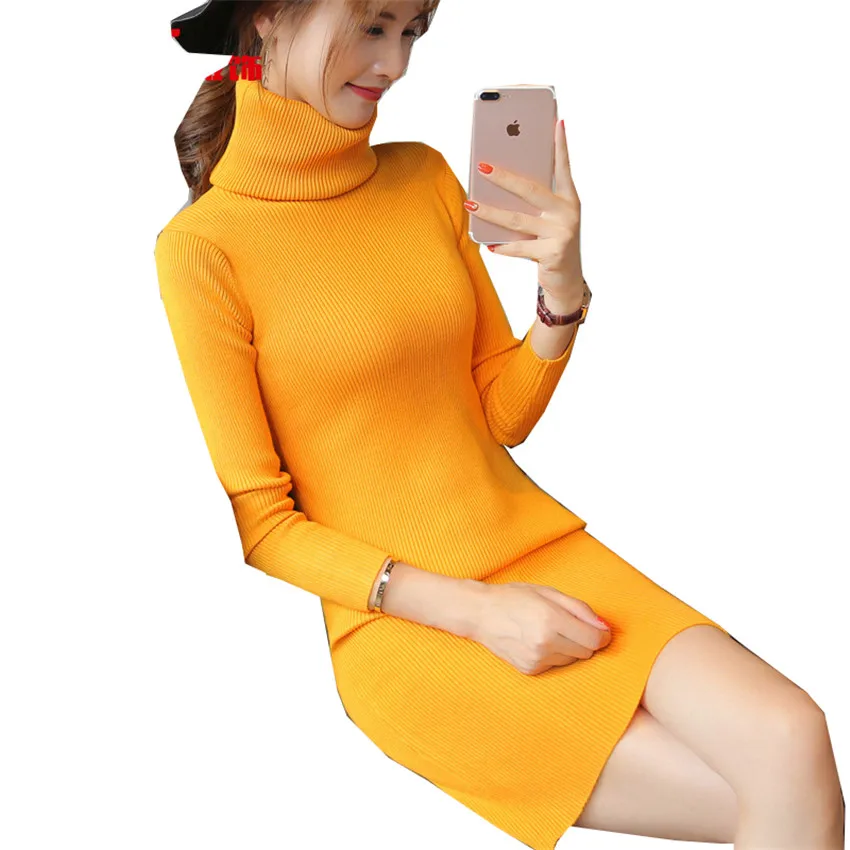 

2023 New Autumn Elegant Women Turtleneck Knitted Dress Slim Winter Sweater Dresses lady Midi Long Bodycon Dress Bottomings WZ454