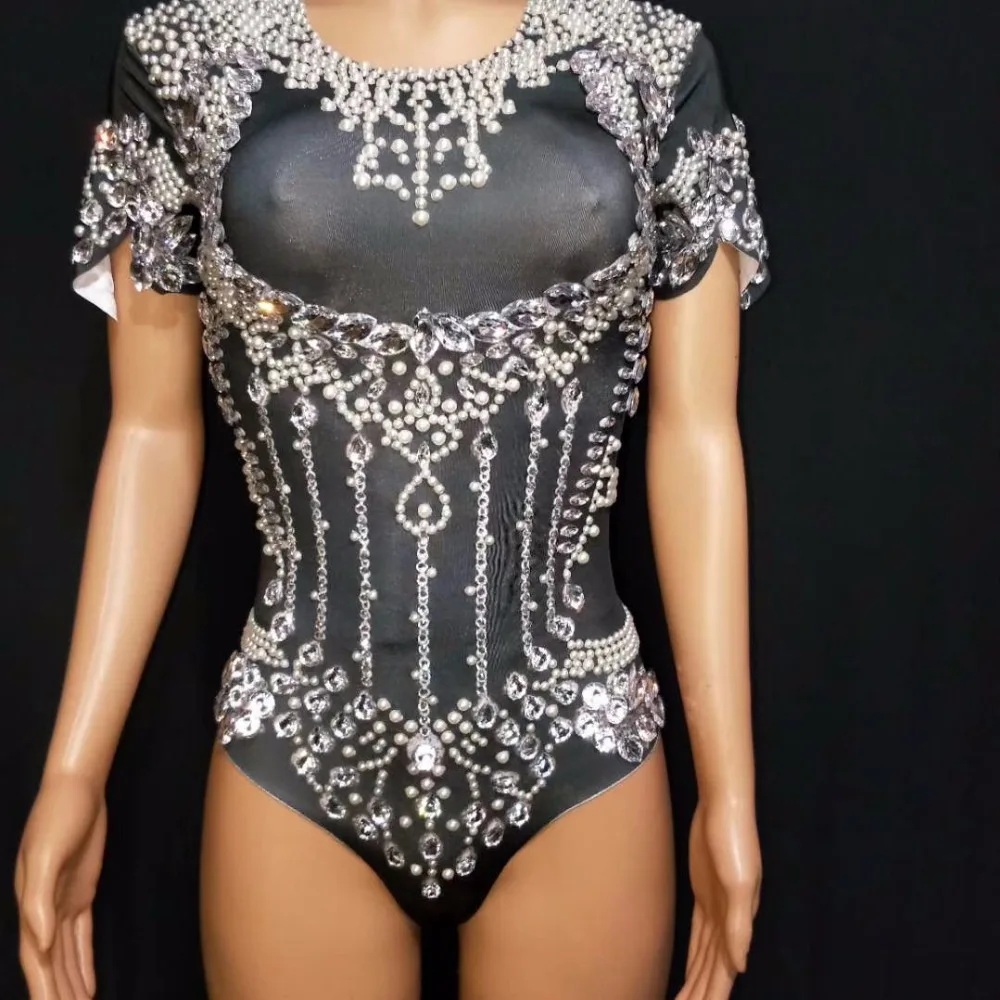 Sexy Rhinestone Pearl Short Siamese Printed Stretch Bodysuit Rhinestones One Piece Stage Singer Dancer Sexy Performance Rompers