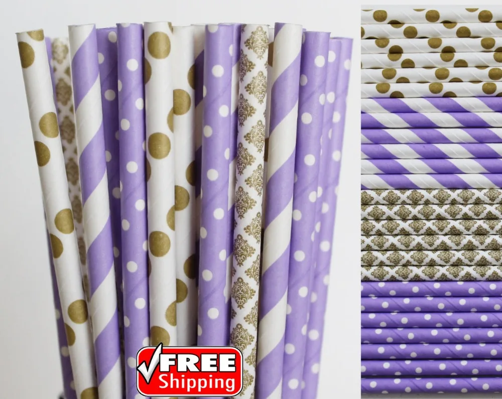 200 Pcs Mixed 4 Designs Metallic Gold and Lilac Themed Paper Straws-Striped,Dot,Damask Wedding Party,Colored Vintage Decorative