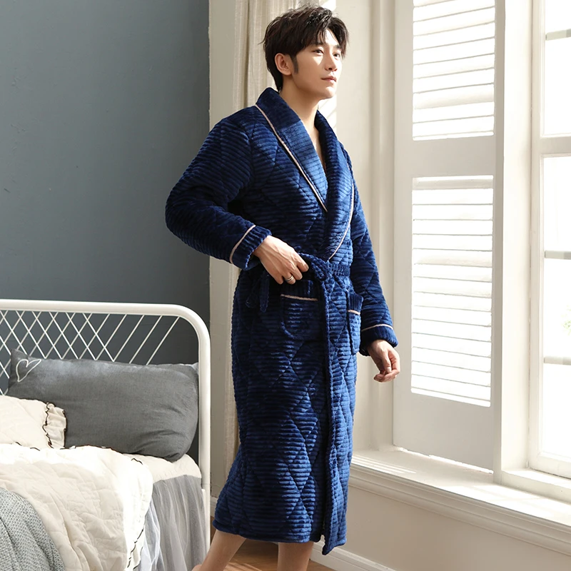 Winter Robe Thick Warm Men\'s Flannel Knit Quilted Robe Long Sleeve Comfortable Soft Solid Causal Male Bathrobe L-XXXL