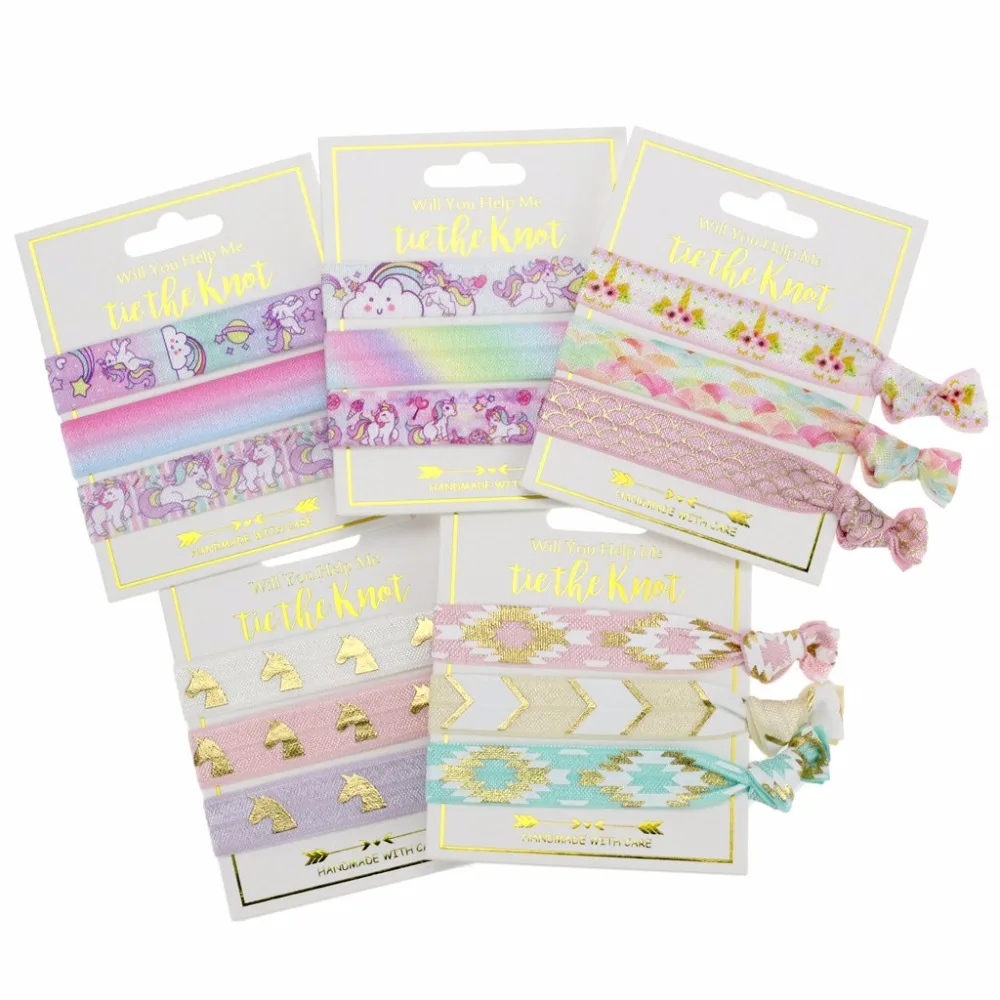 

Wholesale 25cards/lot 5/8" Fashion Unicorn printed Knotted Girl Fold Over elastic FOE Hair Ties Hair Band Knot Hair Tie