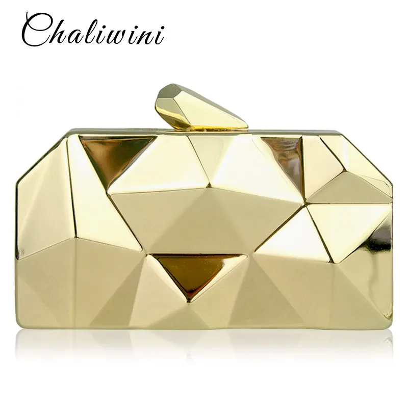 Chaliwini Top Quality Black Hexagon Female Metal Purses Luxury Silver Box Handbags Women Gold Designer Evening Bags 3 Colors