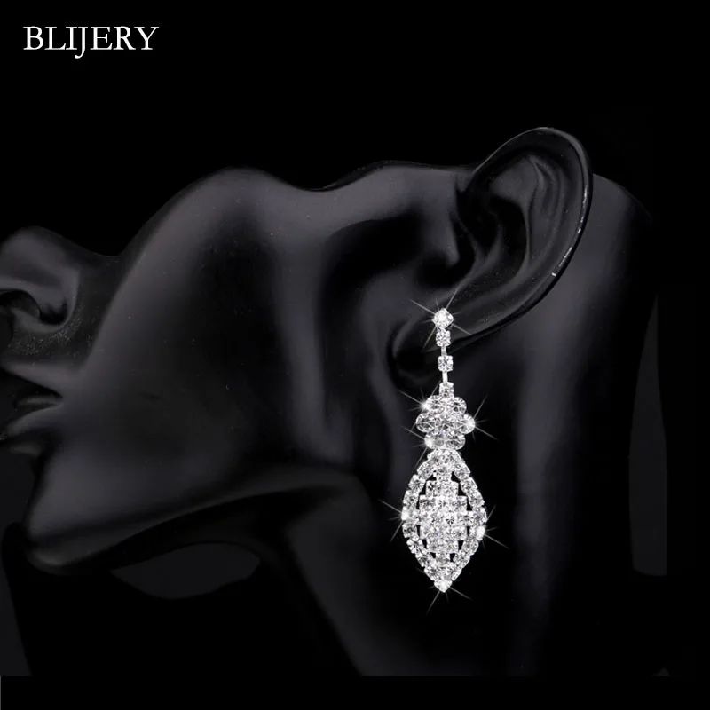 BLIJERY Sparking Silver Color Rhinestone Crystal Long Wedding Earrings for Women Brides  Drop Dangle Earrings Prom Party Jewelry