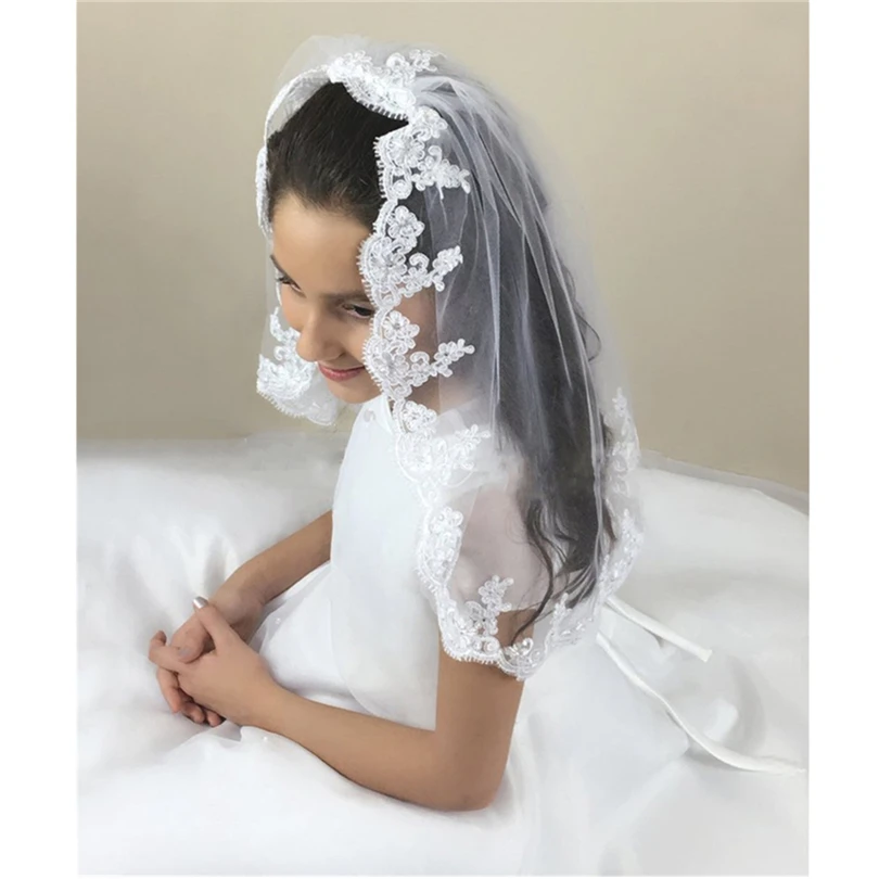 White Ivory Wedding Flower Girls First communion Veils One layers with comb Appliques Children Kids Tulle Voiles Fille communion