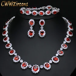 CWWZircons Sparkling Round Cubic Zirconia Luxury Big Bridal Red Necklace Earring Bracelet Set For Wedding Party Jewelry T083