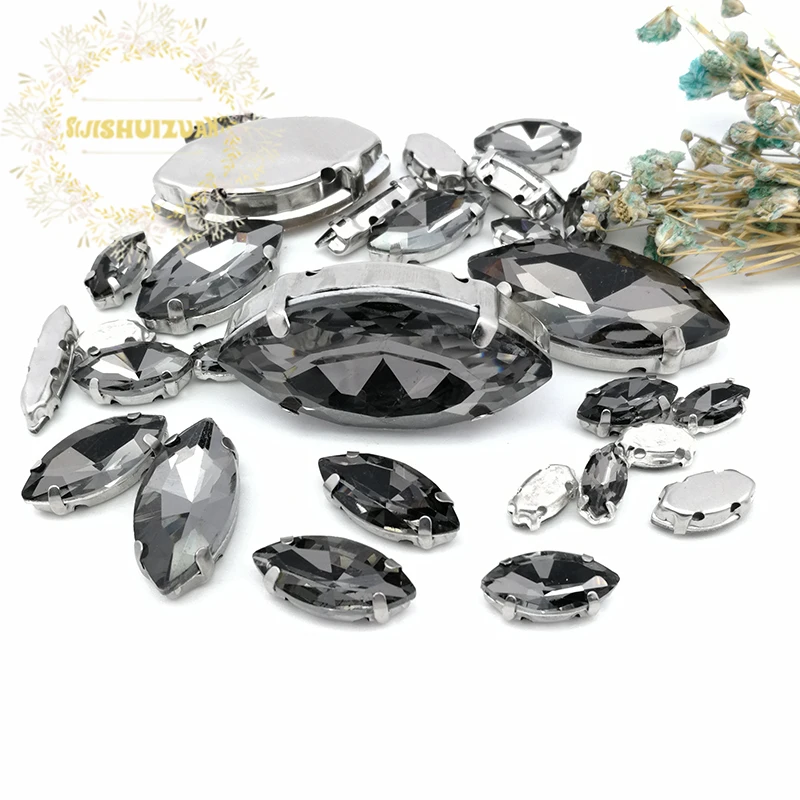 30 pezzi 8 taglie popolari! MIX grey Horse eye Size Crystal Glass Sew-on strass Silver Bottom abiti e scarpe da donna fai da te