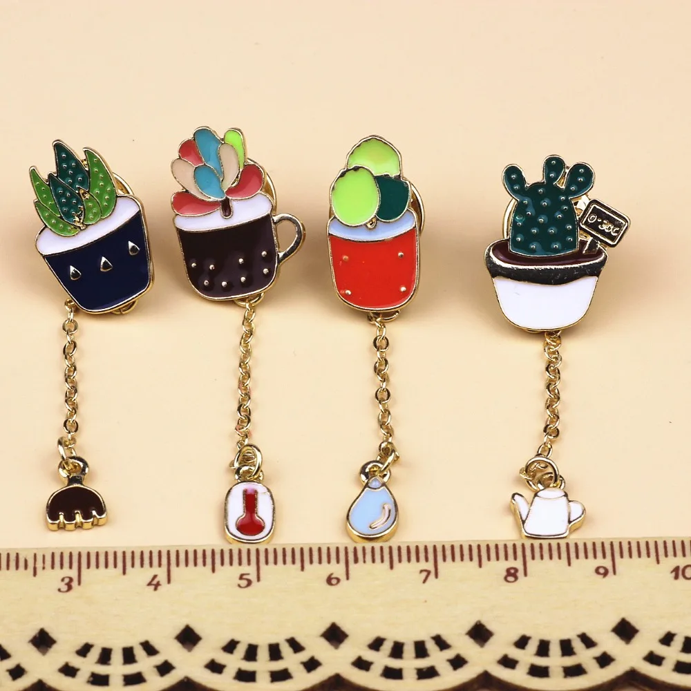 Timlee X001 Free Shipping Cute Succulent Potted Aloe Vera Metal Oil Drop Brooch Pins  Fashion Jewelry Wholesale