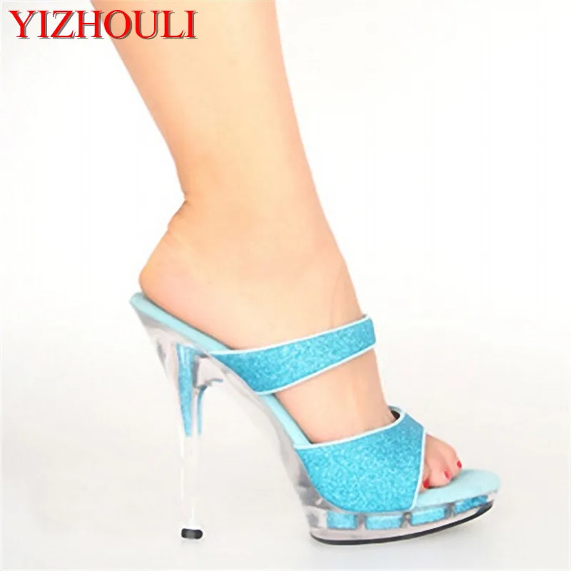 13 cm, nightclub sexy blue sequins sandals, bride's transparent wedding dance party, modified Dance Shoes