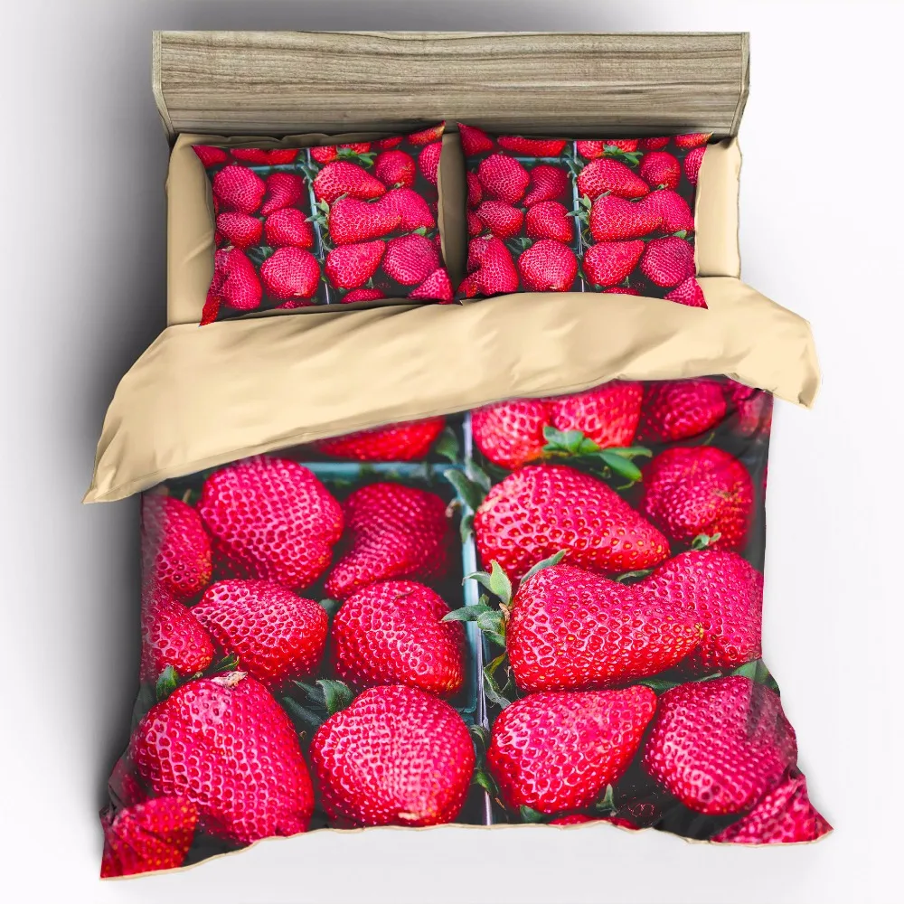 AHSNME Seductive Fruit Strawberry Pattern Duvet Cover Sets Red Fruit Super Soft 100% Microfiber Bedding Set 3pcs