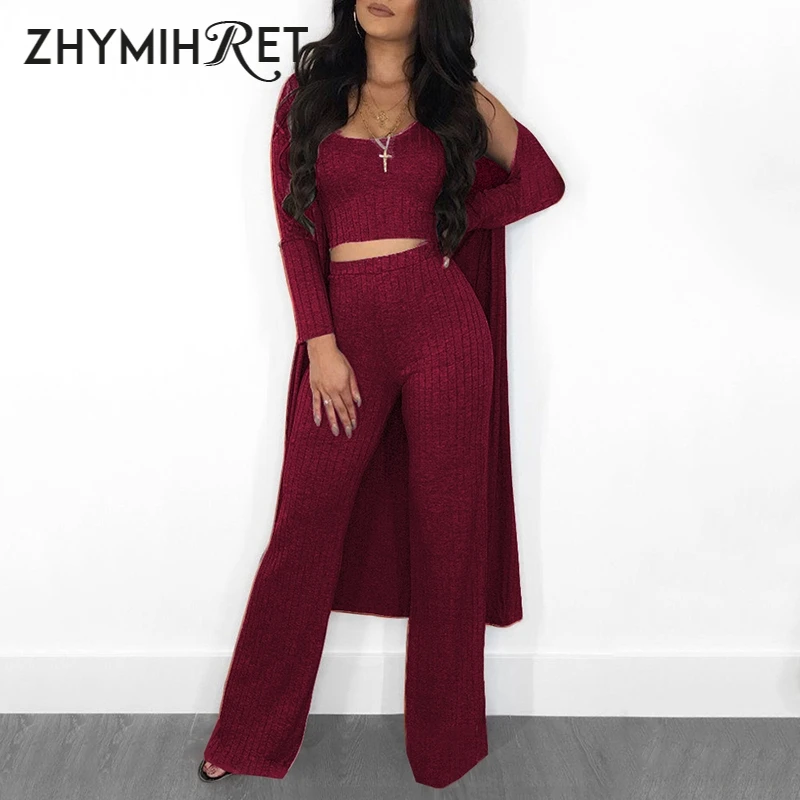 ZHYMIHRET 22023 Autumn Winter Ribbed 3 Pieces Set Women Crop Top High Waist Wide Leg Pants Set Long Sleeve Trench Coat