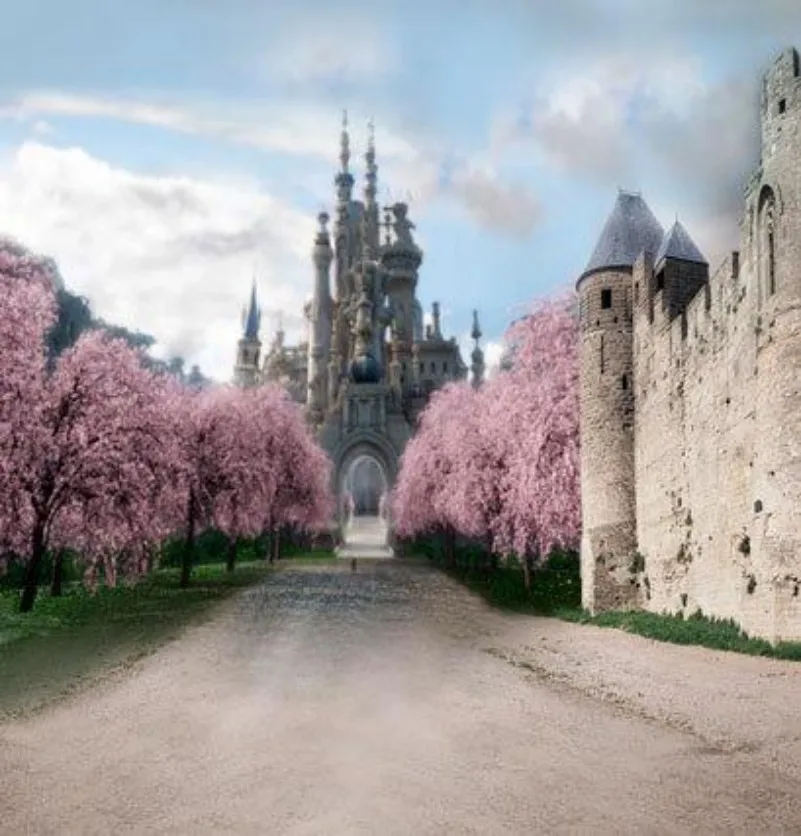 

Medieval Fairy Tale Princess Castle Flower Tree backdrop polyester or Vinyl cloth High quality Computer print wall background