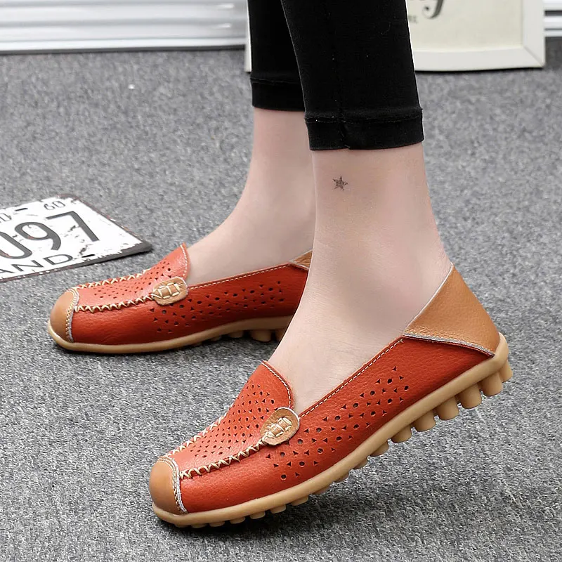 BeckyWalk New Summer Plus Size Genuine Leather Shoes Women Cutout Moccasins Spring Women Flat Shoes Casual Ballet Flats WSH2681