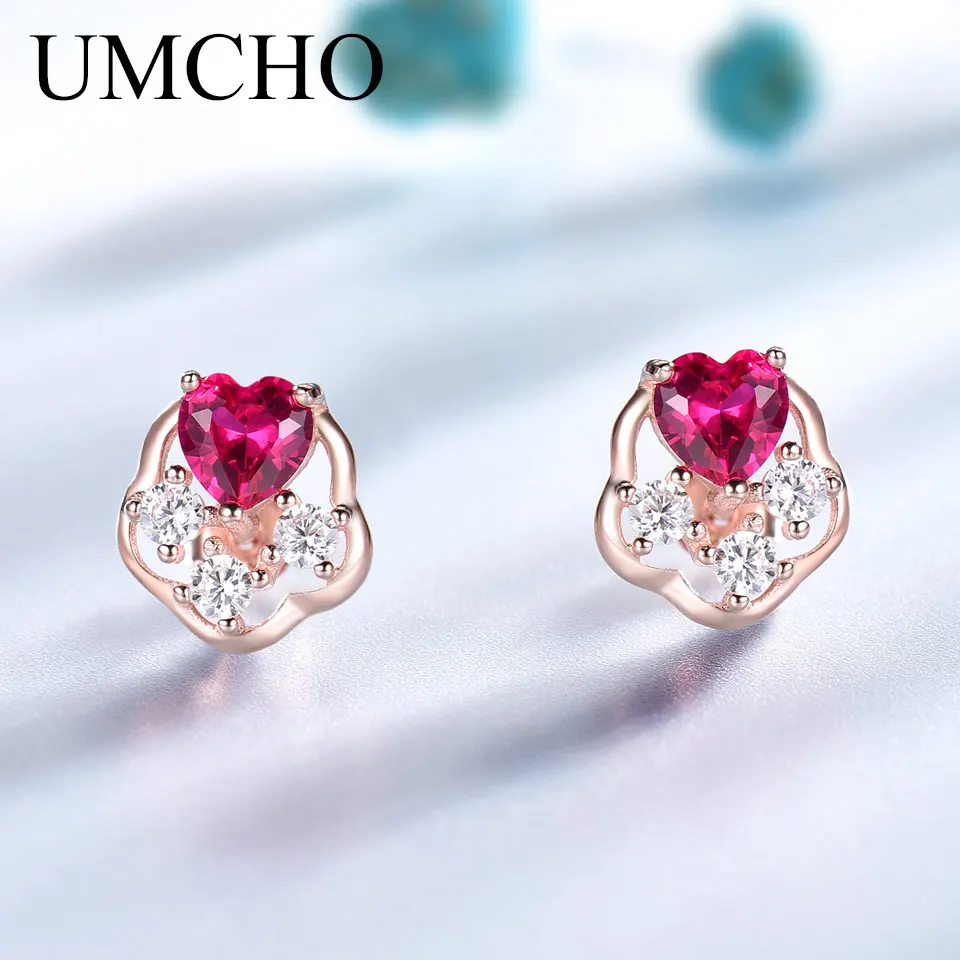 UMCHO Solid 925 Sterling Silver Heart Stud Earrings for Women Created Ruby Gemstone Earrings Silver Romantic Jewelry Cute Gift