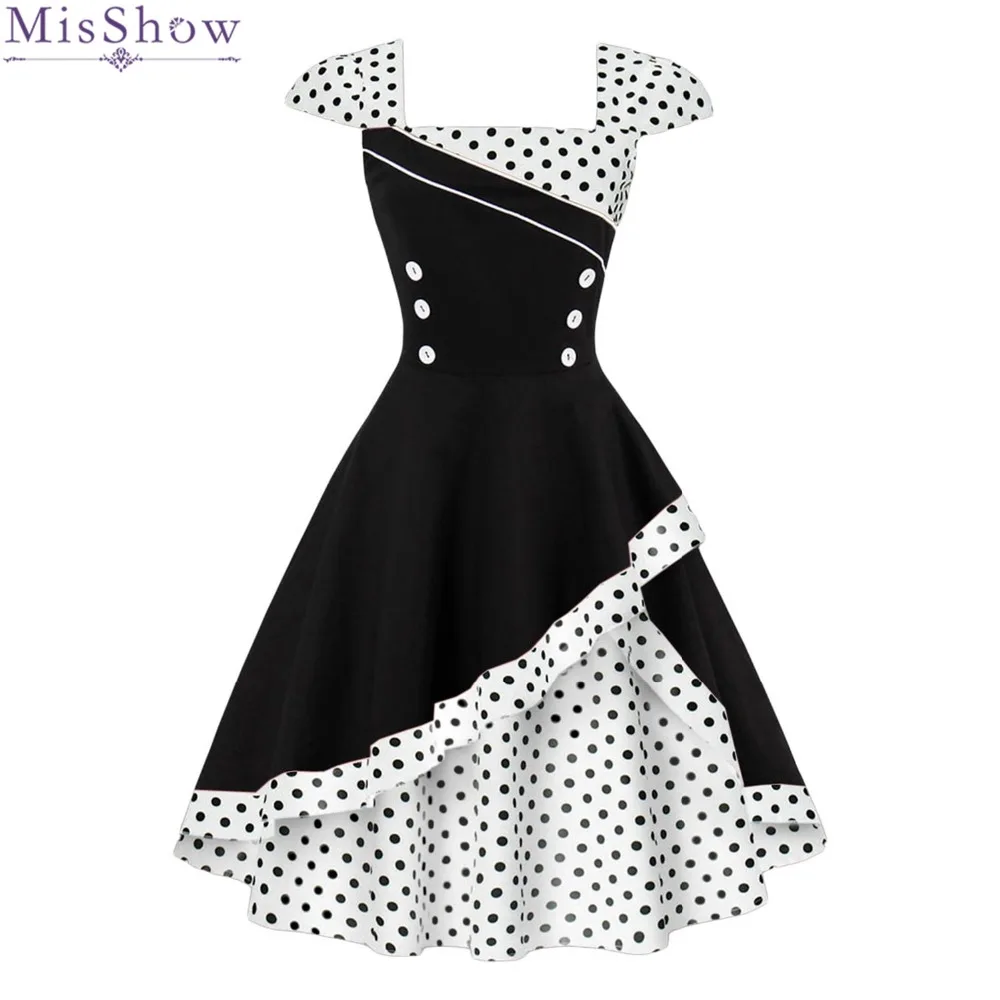 MisShow Women Patchwork Polka Dot Vintage Dress Rockabilly Pink Button Vestidos Hepburn In Stock Party Dresses Plus Size S-4XL