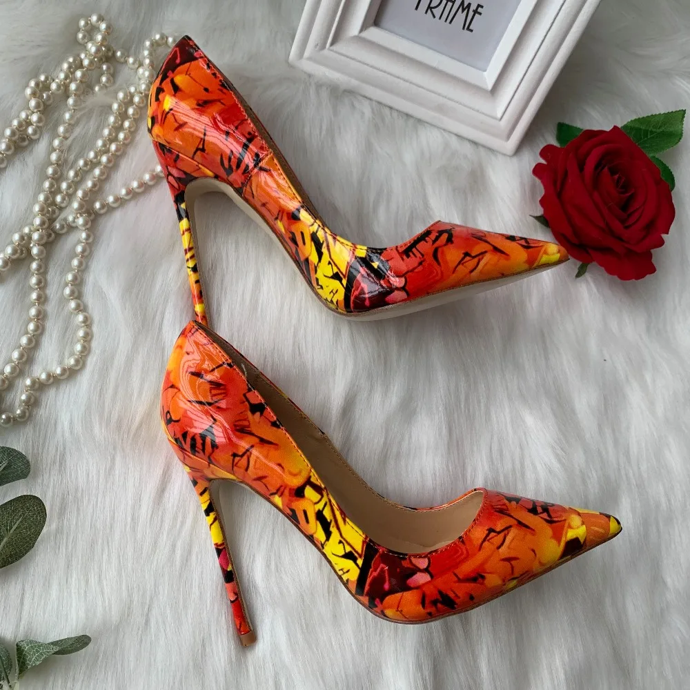 2019 new hot sale maple leaf orange patent leather outstanding color shallow pointed toe women ladies sexy high heel shoes size4