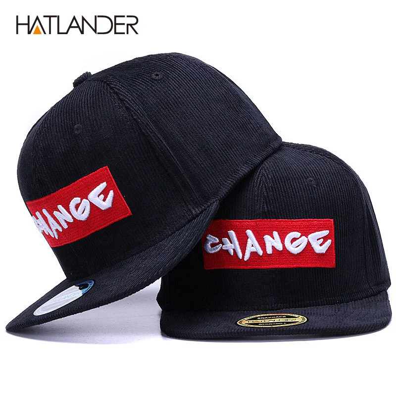 HATLANDER Brand black corduroy baseball cap original hats men snapback cap embroidery CHANGE letter sports flat brim hip hop hat