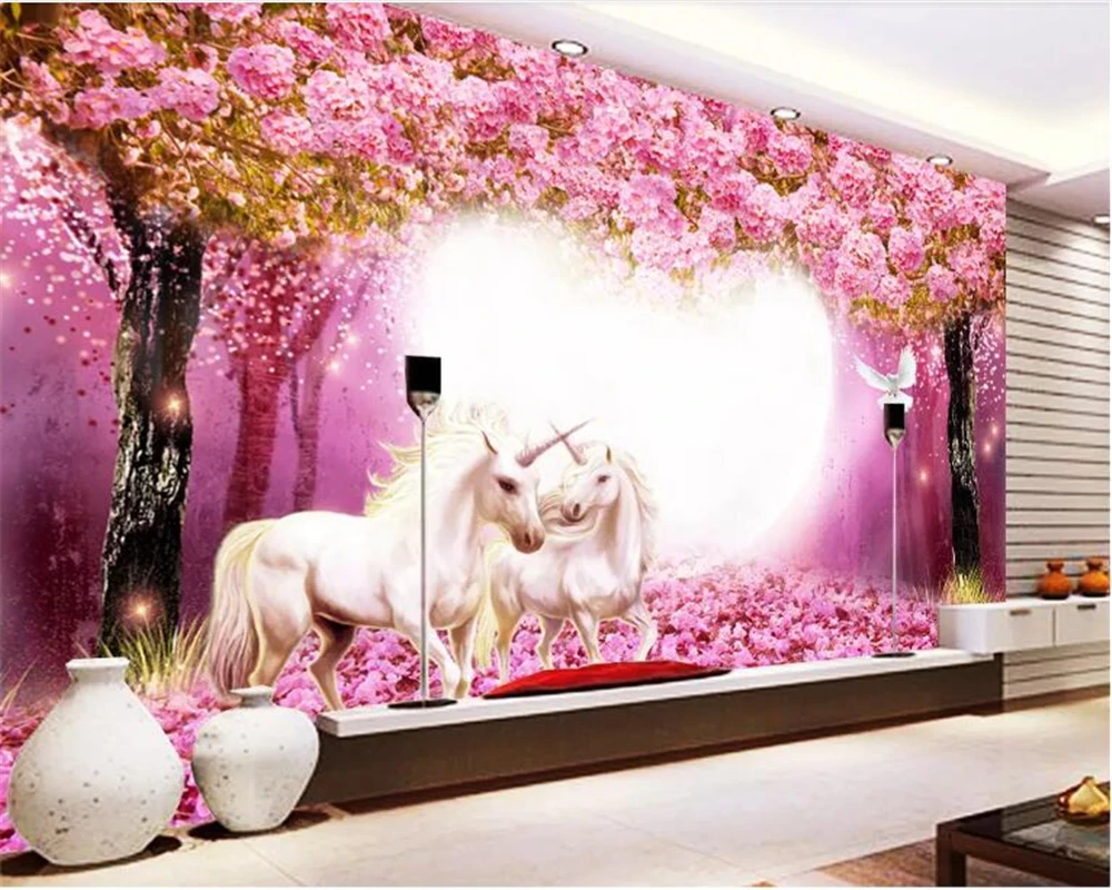 

beibehang Customized 3d wallpaper Warm Taoyuan Woods White Horse Unicorn 3D TV Children's room Background Wall wallpaper 3d