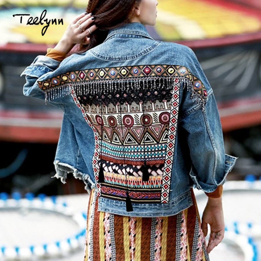 

TEELYNN Denim female jacket autumn vintage ethnic appliques Embroidery tassel loose coat long sleeve Outerwear jacket for women