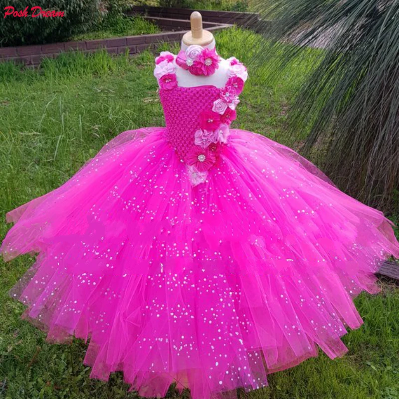 POSH DREAM gorący różowy kwiat dziewczyna Tutu sukienka suknia ślubna Glittery w kształcie litery V Tutu sukienka Junior druhna sukienka dla dzieci