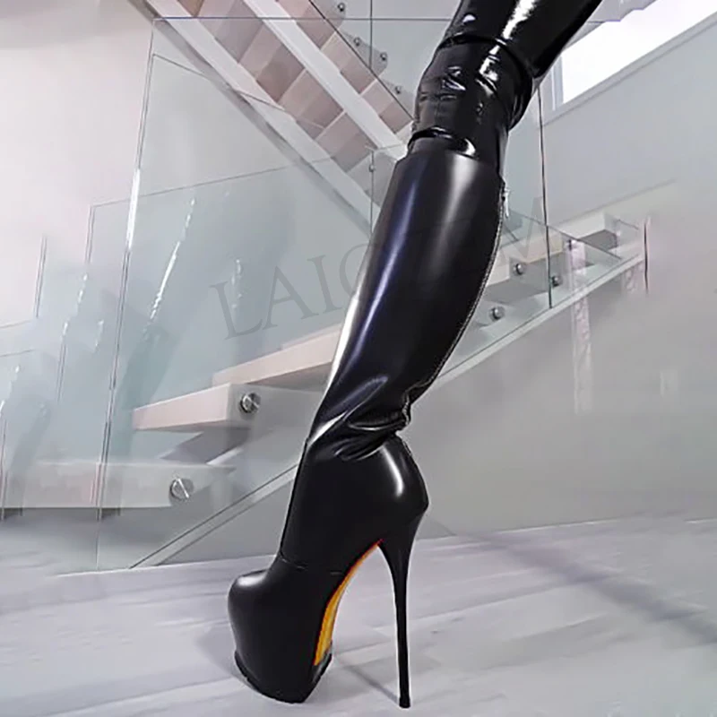 LAIGZEM SUPER Donne Stivali Alti Al Ginocchio Impermeabile Stiletto Della Piattaforma Tacchi Alti Stivali Del Cuoio Del Faux Zip Botines Mujer