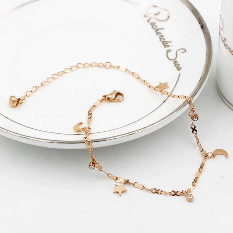 Rose Gold Color Star Moon Crystal Anklet 8 Shape Titanium Steel Chain Adjustable Length 20cm+5cm Women's Jewelry Cute Beautiful